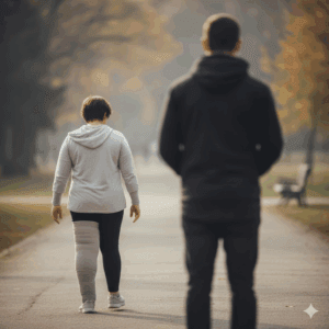 Frau mit Lymphbandage geht im Park.