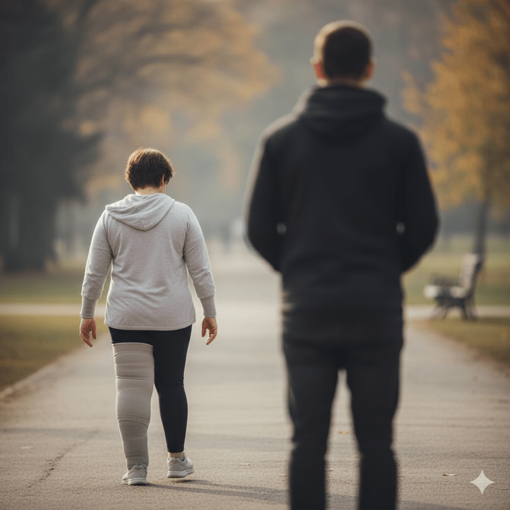 Frau mit Lymphbandage geht im Park.