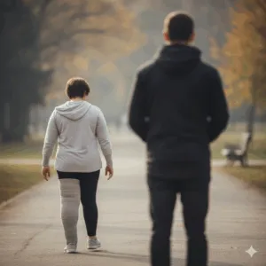 Frau mit Lymphbandage geht im Park.